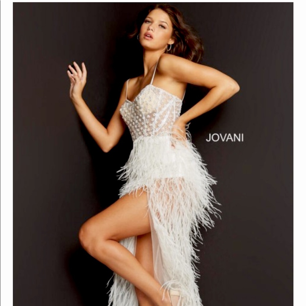 NWT Jovani Sheer Gown With Feathers (Style 07591)
